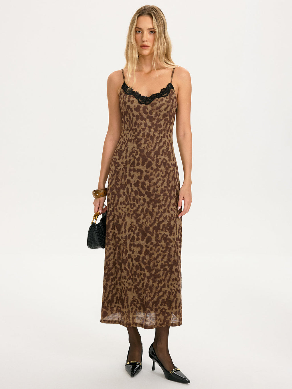 Lace Trim Leopard-Print Cami Maxi Dress