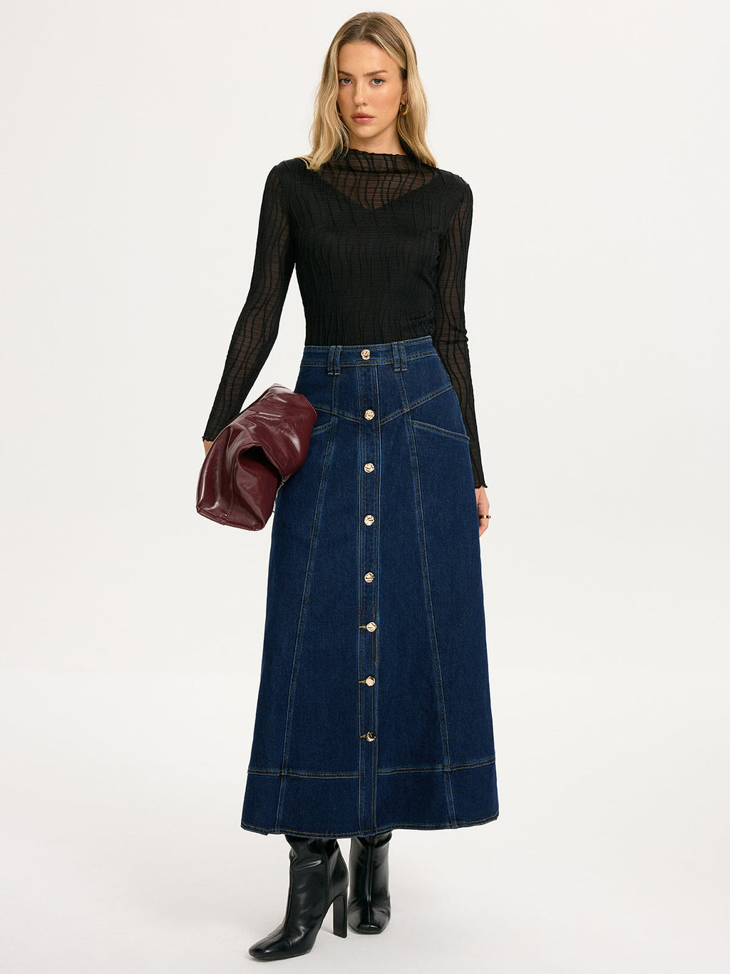 Double-Layer Textured Sheer Long-Sleeve Top