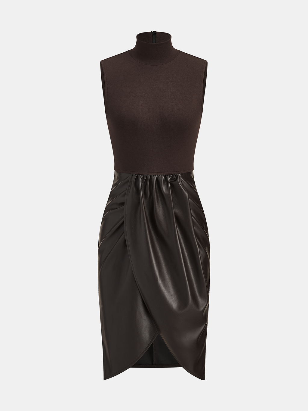 Robe sans manches à empiècements en similicuir et fronces