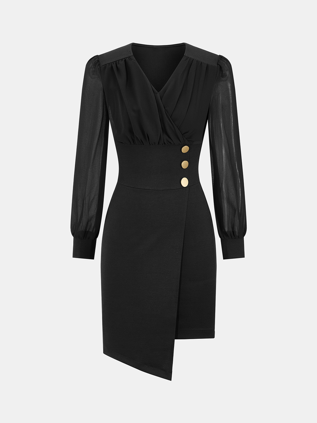 V-Neck Mesh-Sleeve Metal Detail Asymmetric Dress