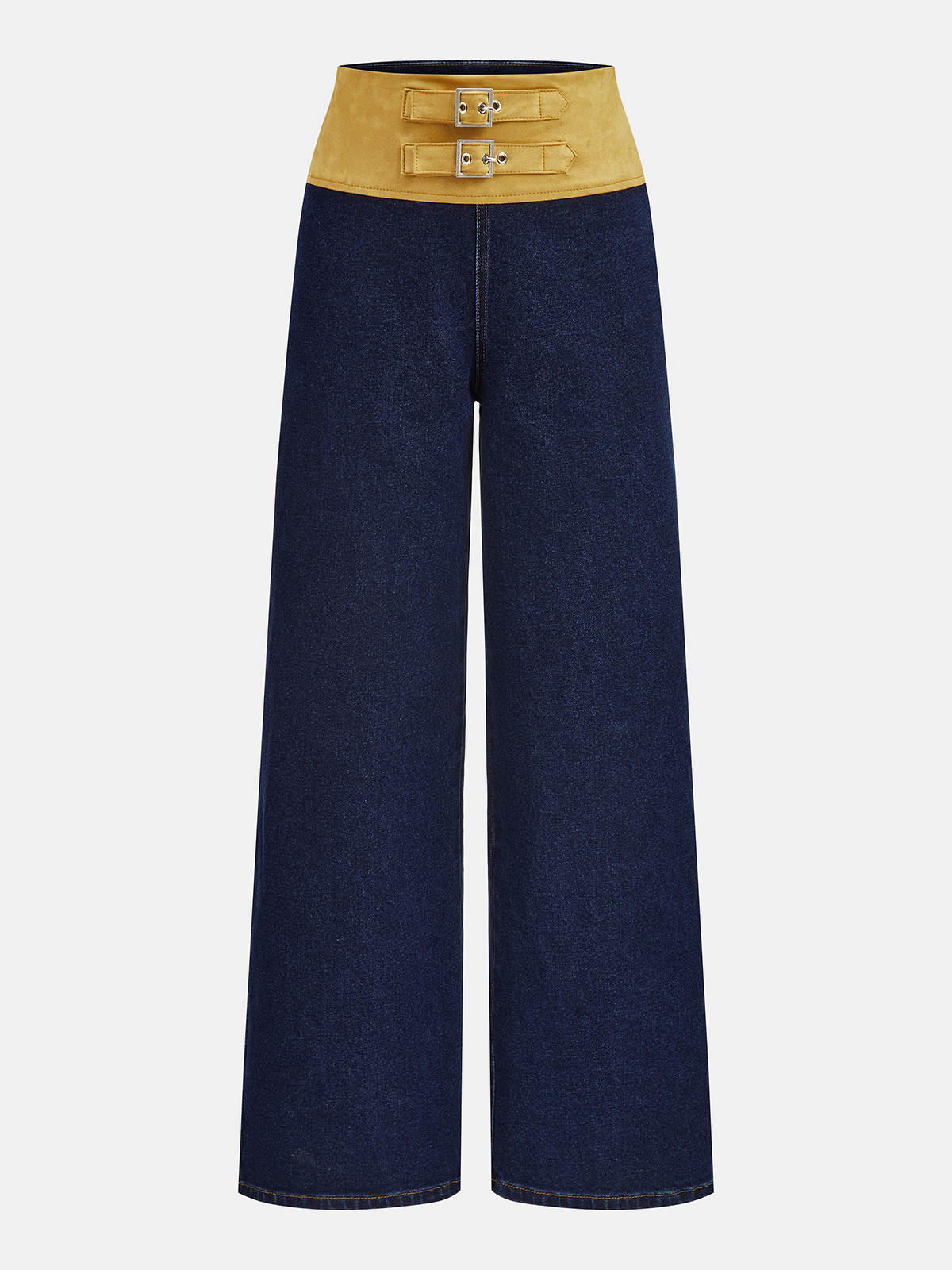 Double Buckle Suede Waist Wide-Leg Jeans
