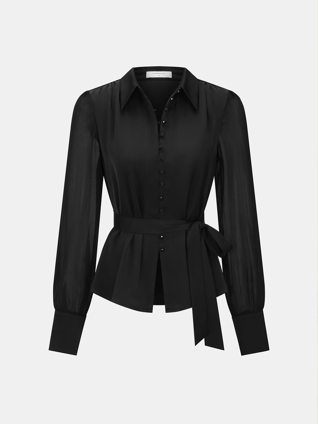 Transparente Satinbluse mit langen Ärmeln und Bindegürtel