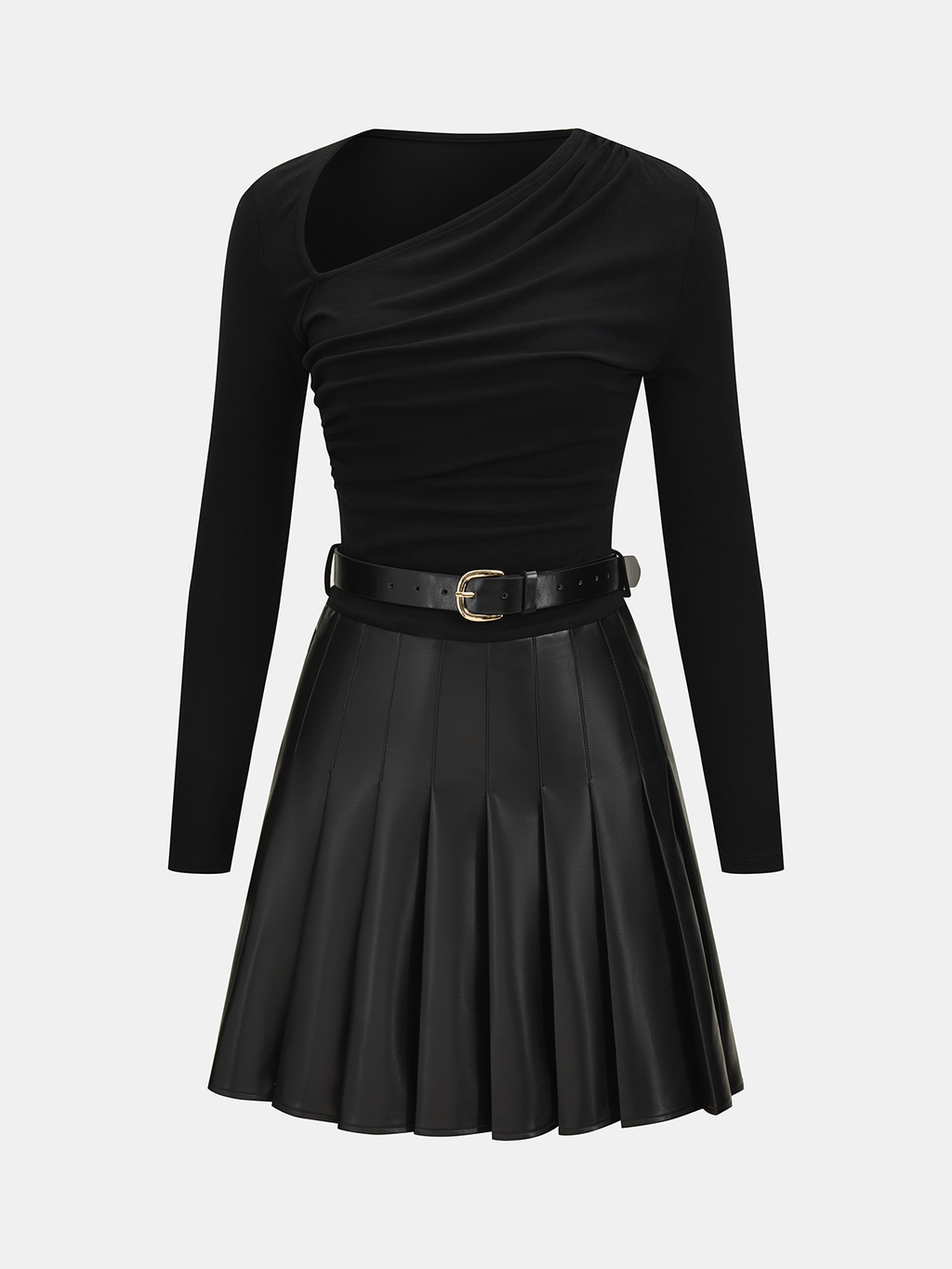 Mini-robe asymétrique froncée en similicuir plissé