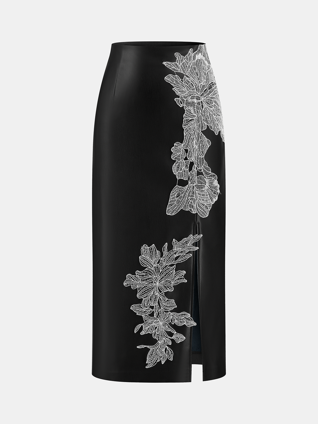 Jupe mi-longue fendue en similicuir brodée de motifs floraux