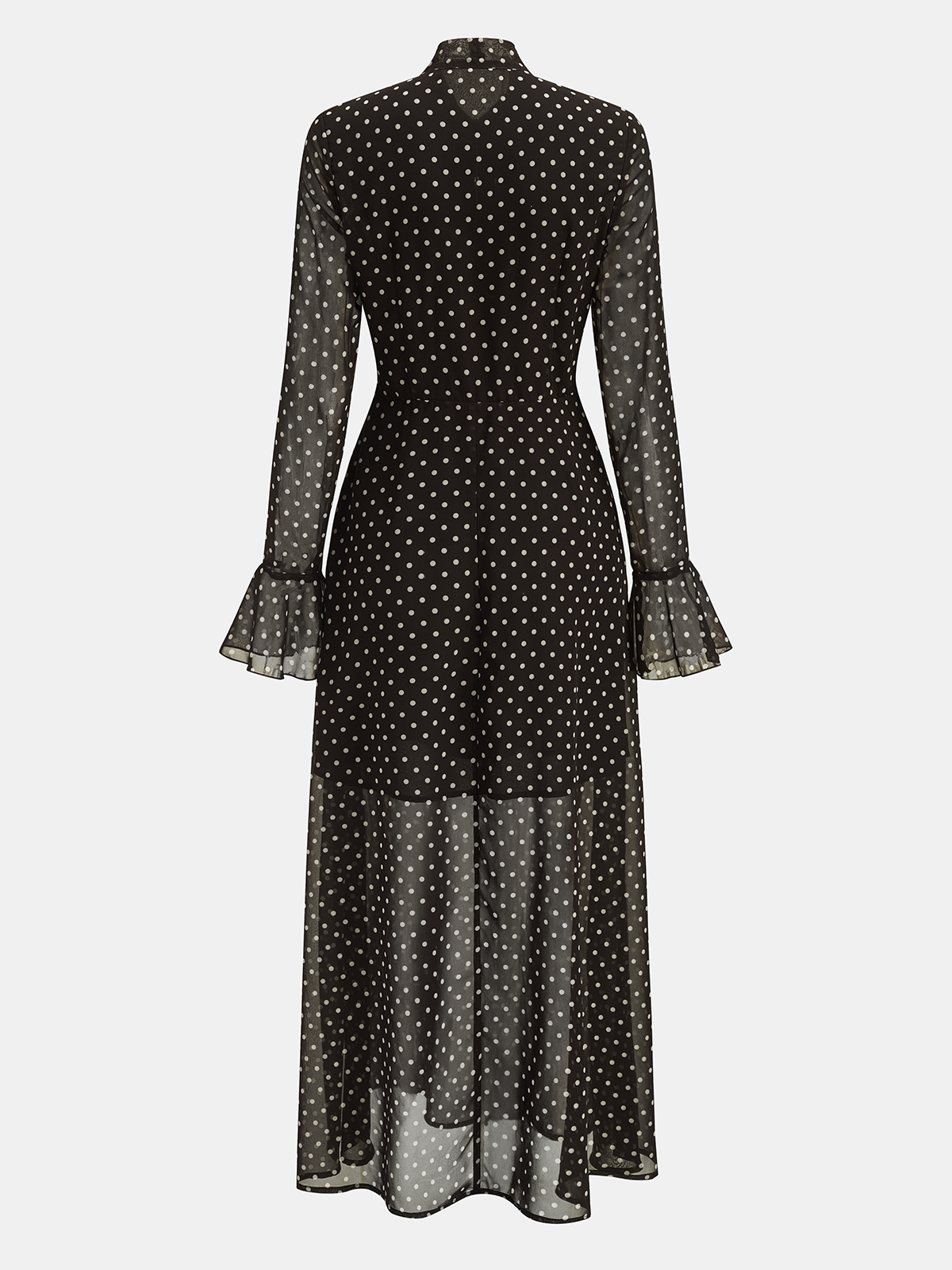 Robe longue en mousseline de soie à pois avec cravate et poignets évasés
