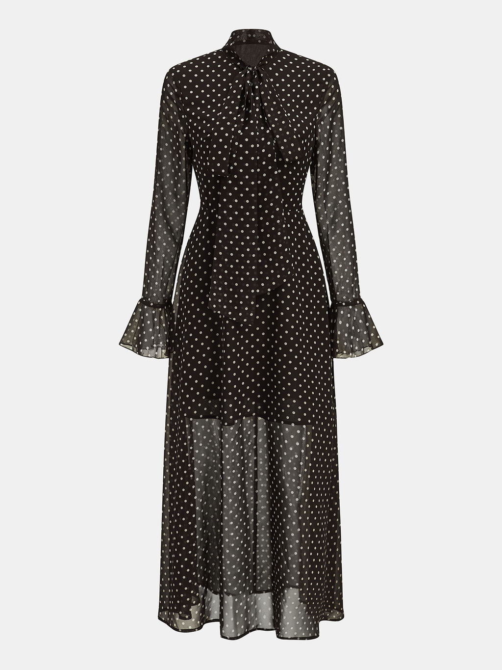 Robe longue en mousseline de soie à pois avec cravate et poignets évasés