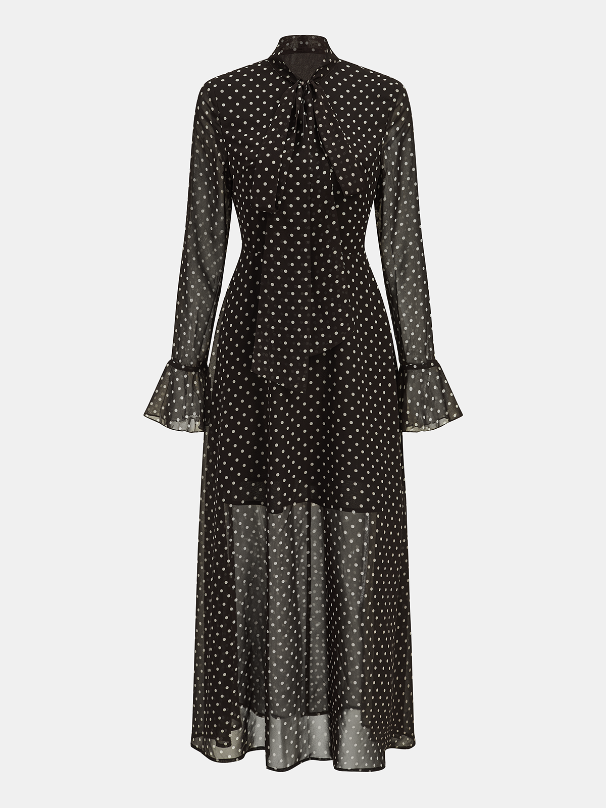 Maxikleid aus Chiffon mit Polka Dots, Bindekragen und ausgestellten Ärmelbündchen