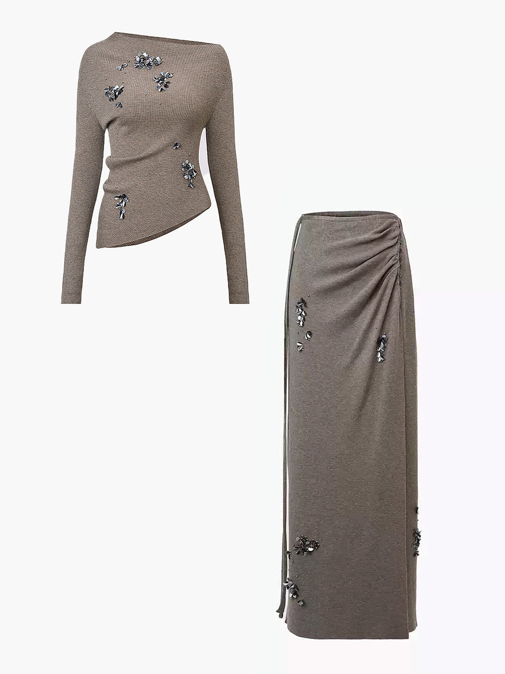 Ensemble Haut Tricot et Jupe en Laine Mélangée à Paillettes