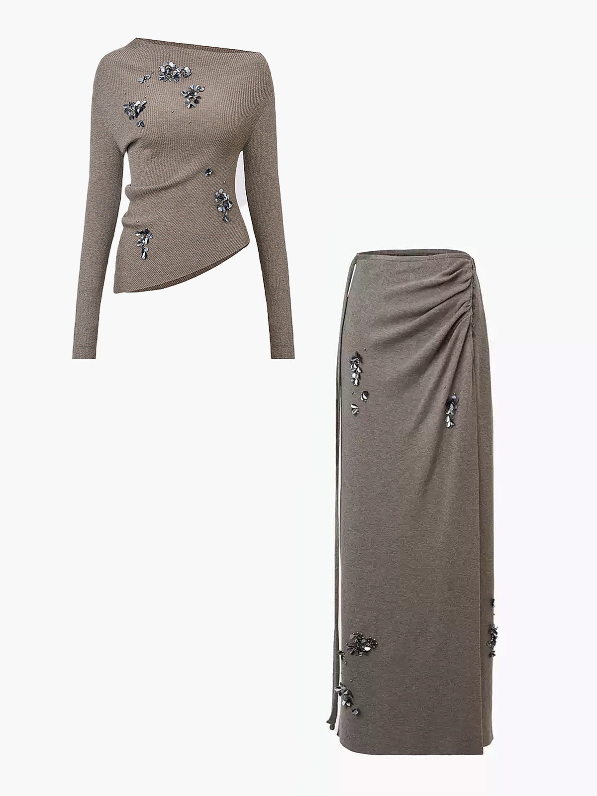 Woll-Mischgewebe Pailletten Stricktop & Rock Set