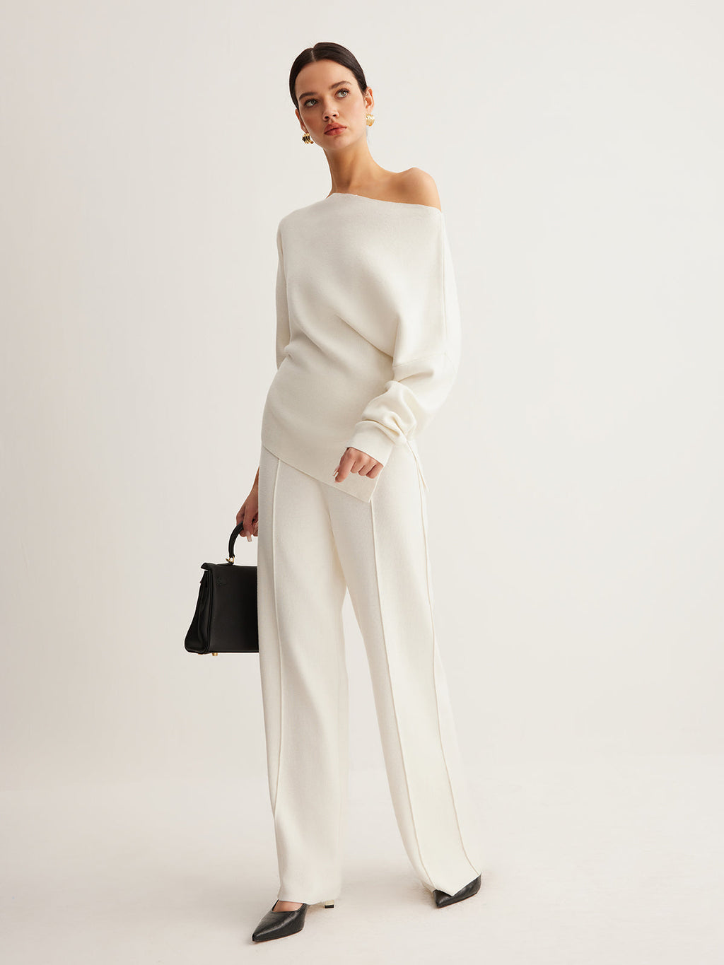 Set aus asymmetrischem Pullover aus Wollmix & weiter Hose