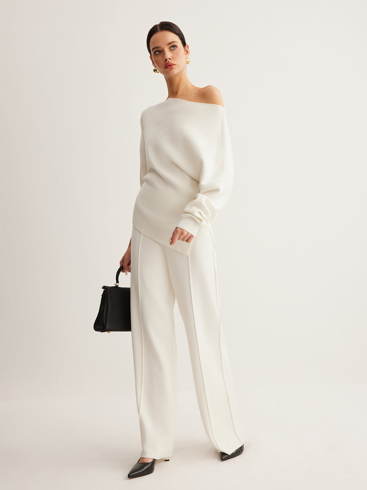 Set aus asymmetrischem Pullover aus Wollmix & weiter Hose