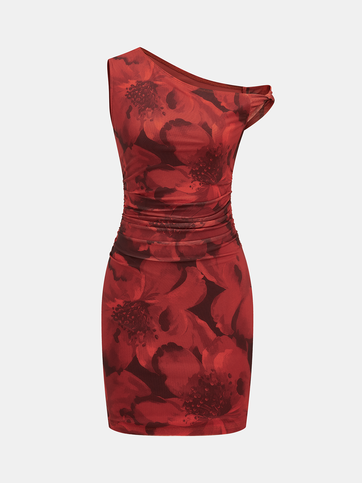 Geblümtes, schulterfreies, gerafftes Bodycon-Kleid
