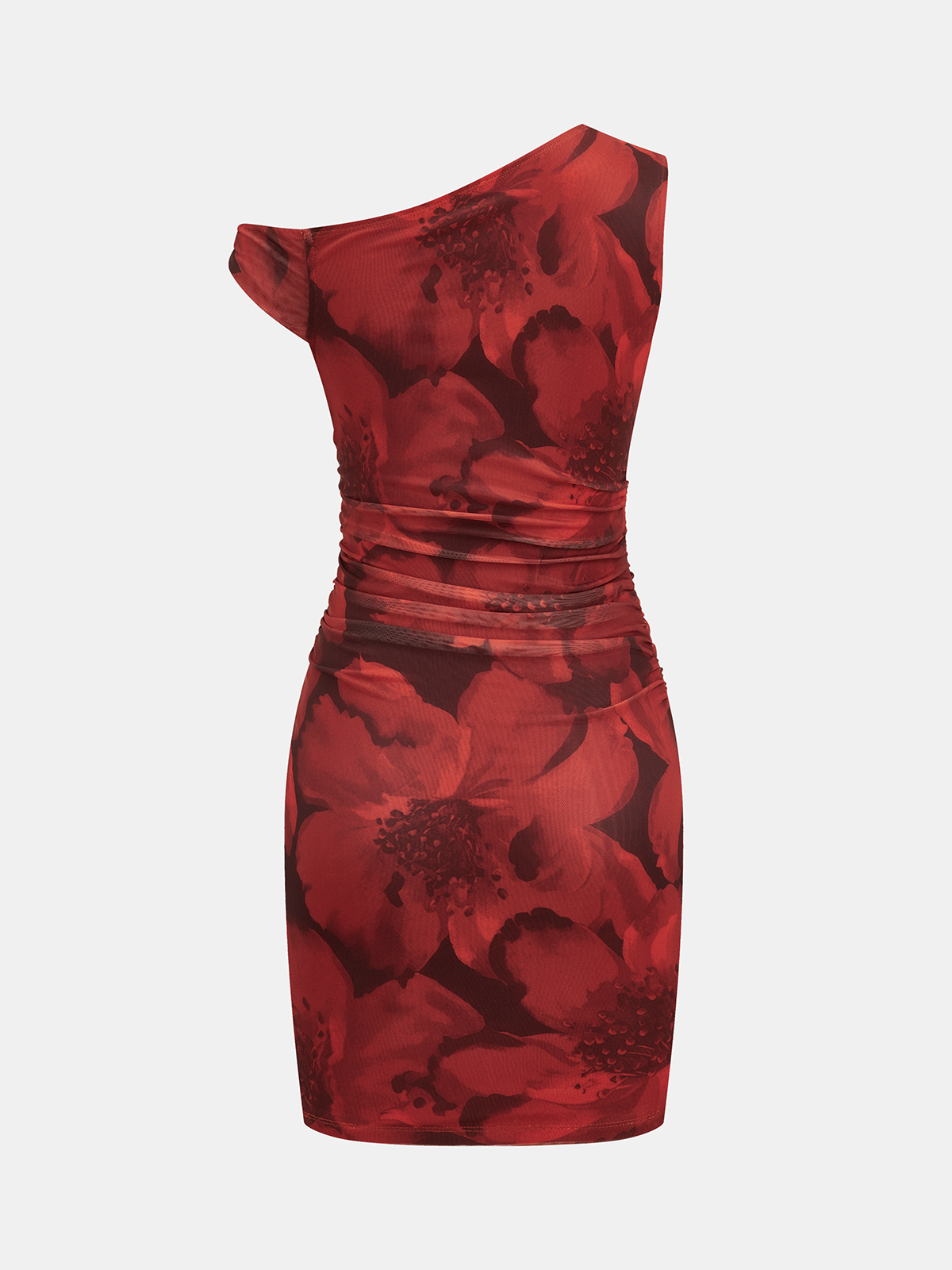 Geblümtes, schulterfreies, gerafftes Bodycon-Kleid