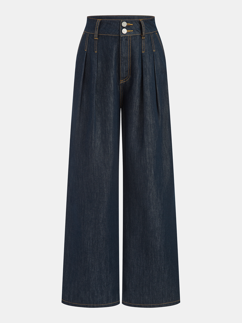Mid-Waist Pleated Wide-Leg Jeans