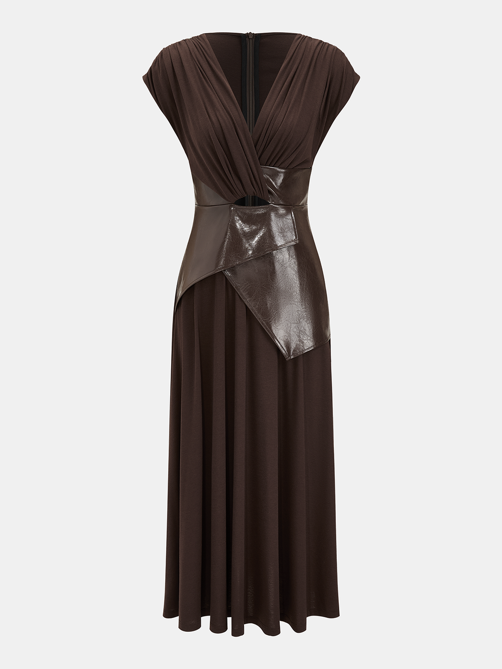 Midi-Kleid ohne Ärmel aus Kunstleder mit Raffungen und Paneelen