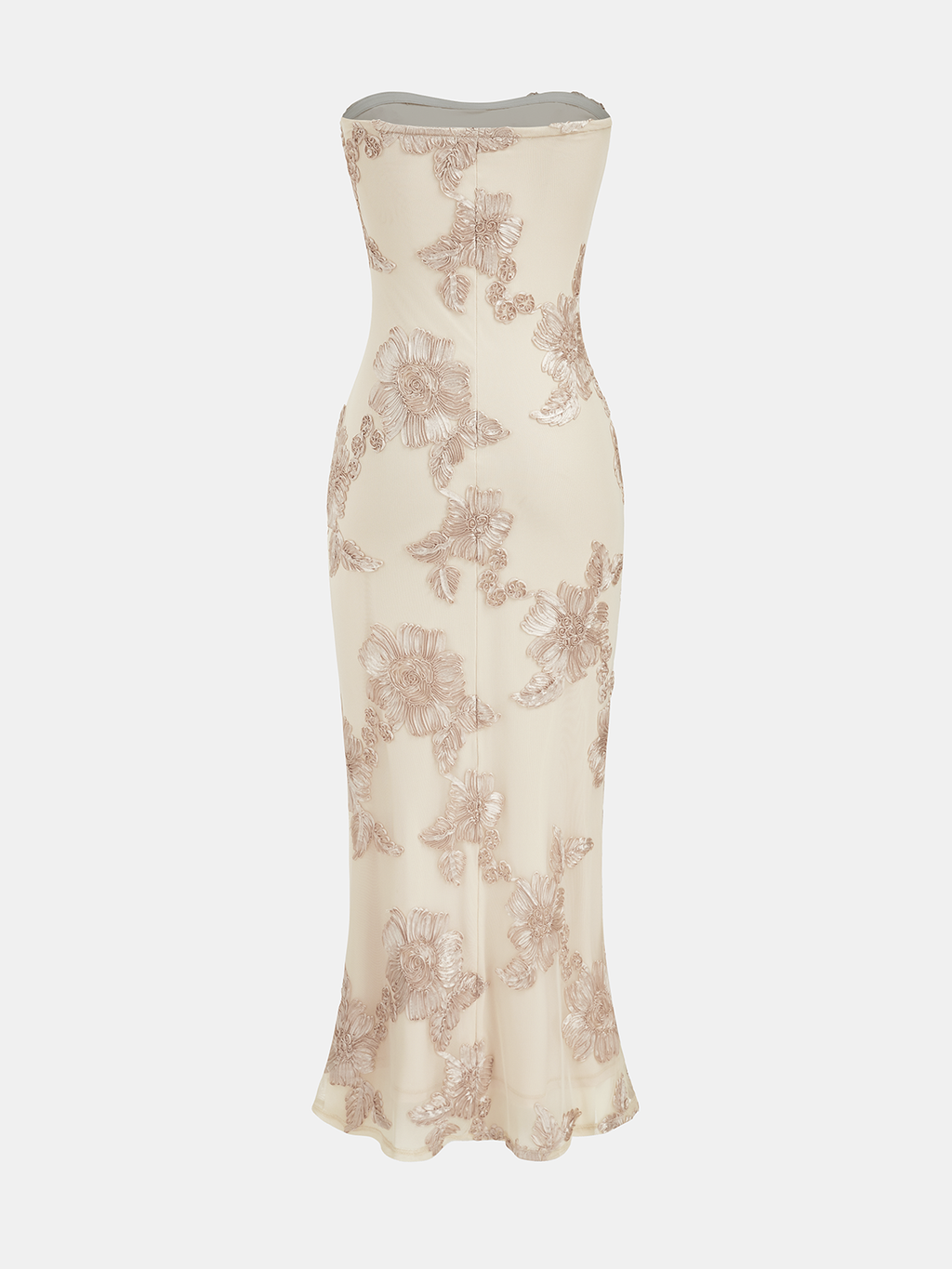 Robe sirène sans bretelles à appliqués floraux