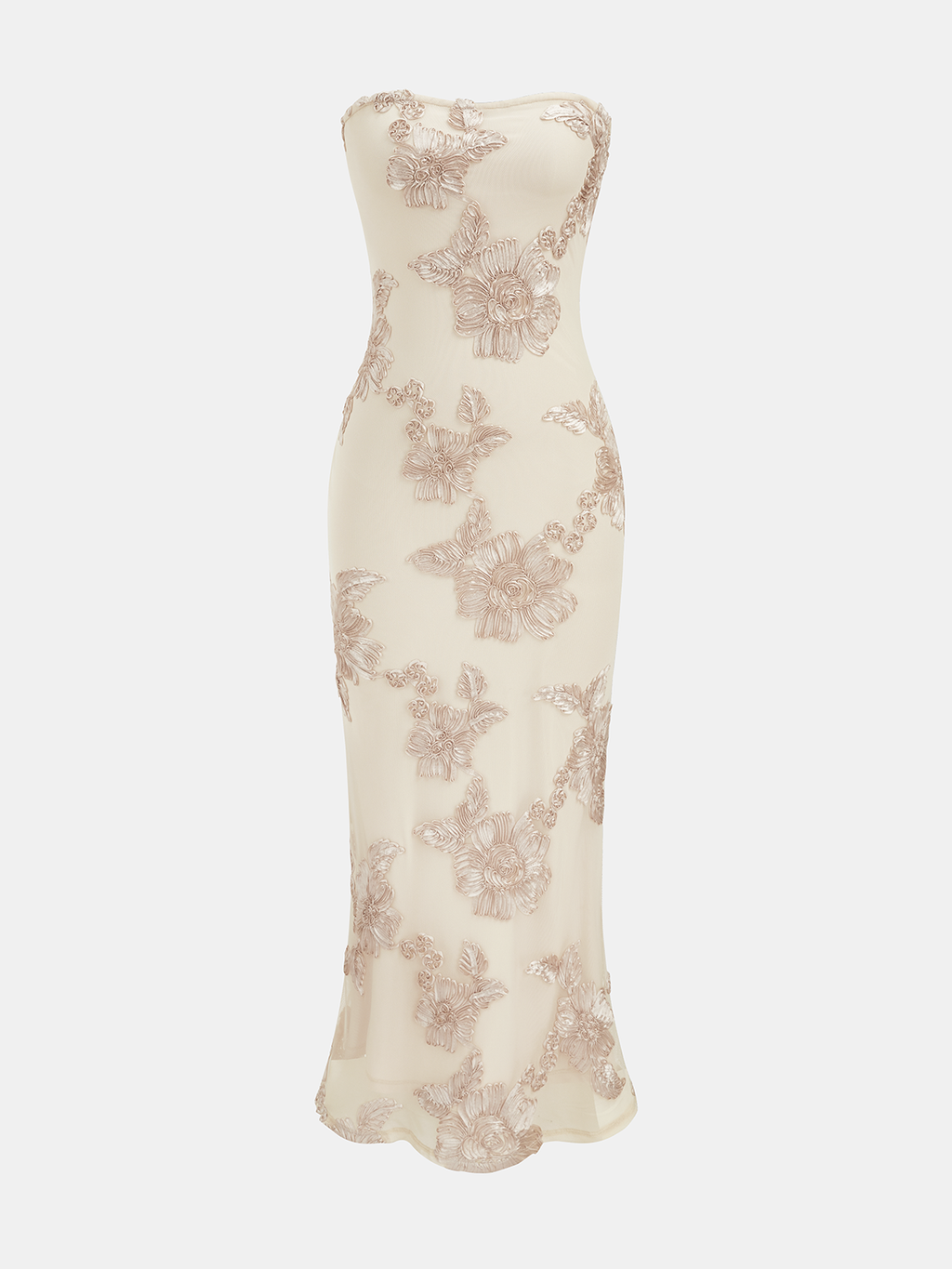 Robe sirène sans bretelles à appliqués floraux