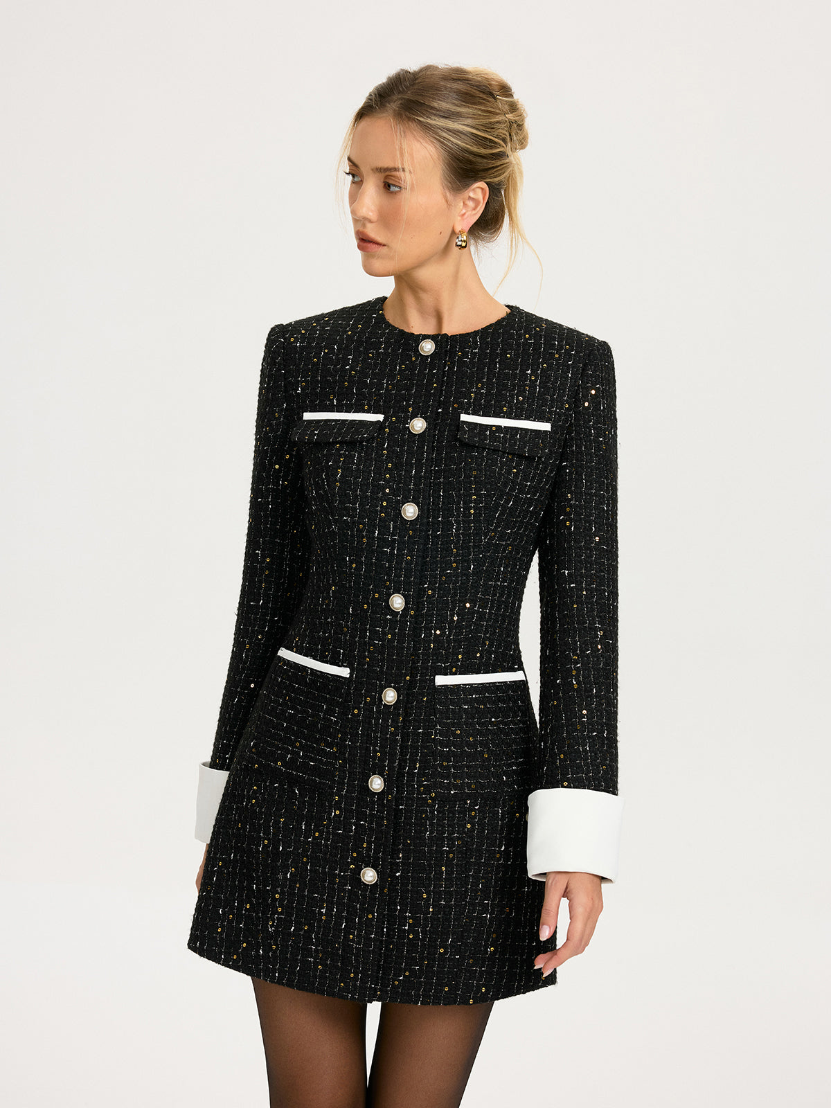 Tweed-Minikleid mit Kontrastmanschetten