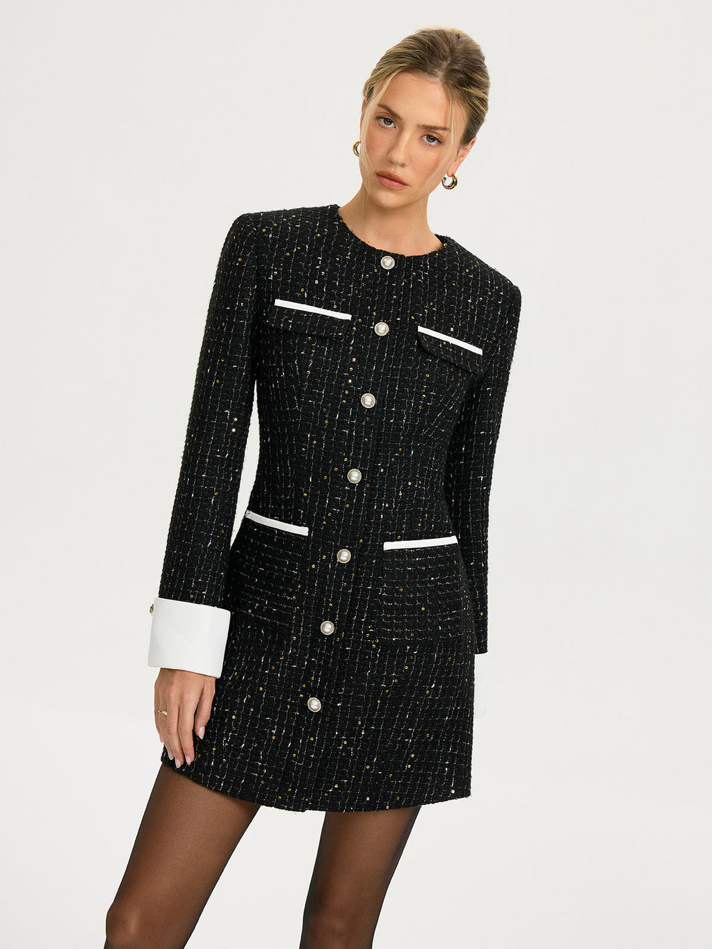 Tweed-Minikleid mit Kontrastmanschetten