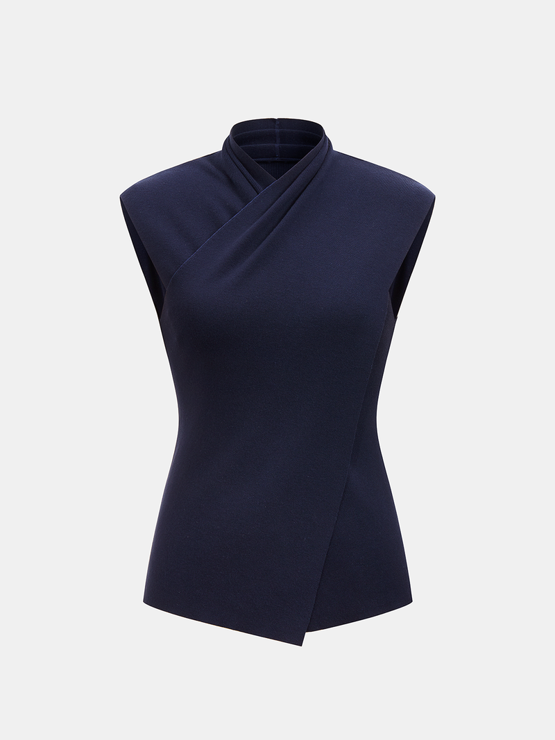 Cross-Wrap Stand Collar Knit Sleeveless Vest