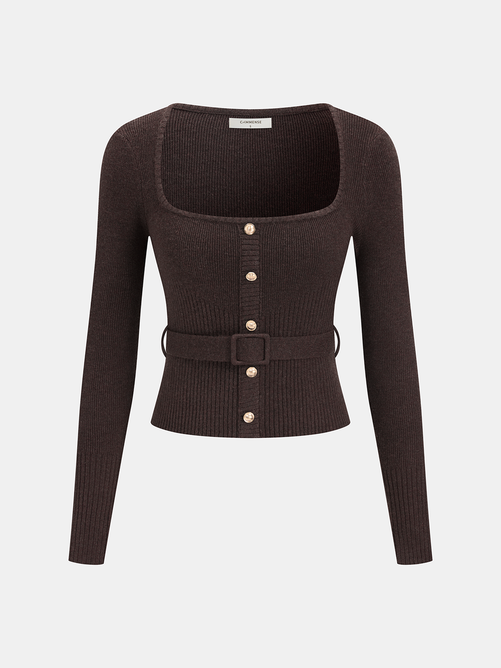 Pull en tricot côtelé en mélange de laine ceinturé à encolure carrée