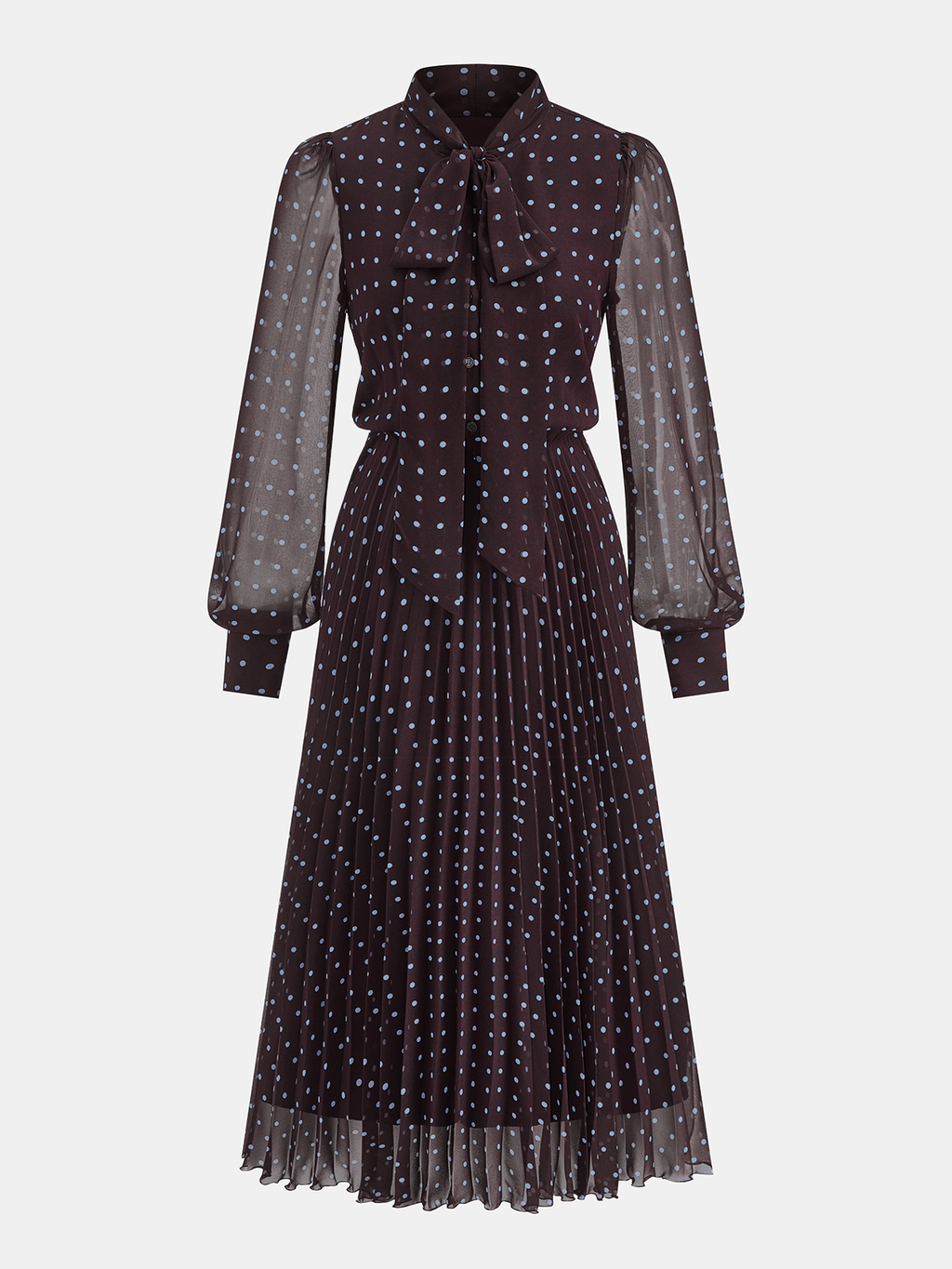 Maxikleid aus Chiffon mit gepunktetem Plissee und Bindekragen