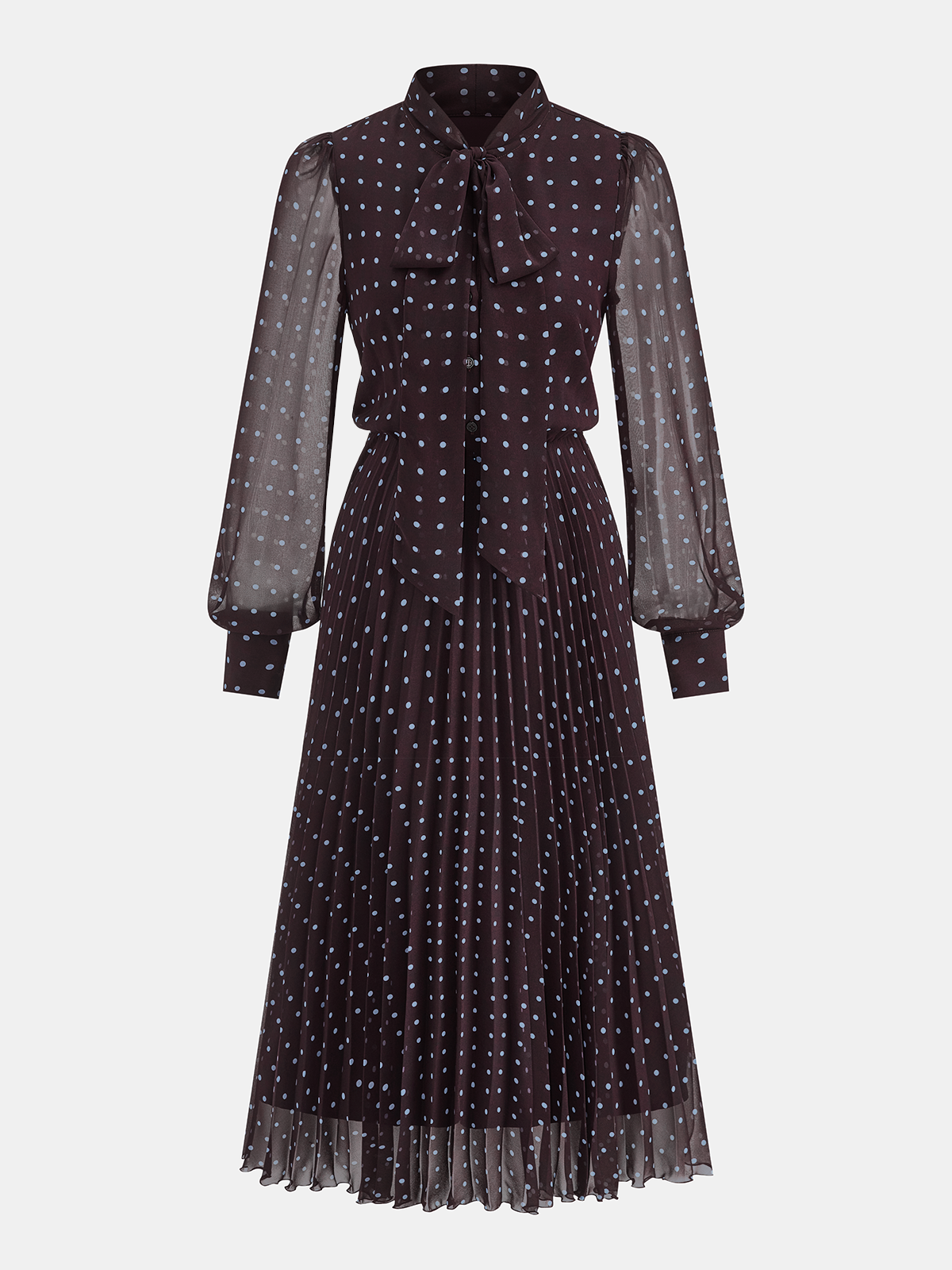 Robe longue en mousseline plissée à pois et col lavallière