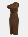 Suede Effect One-Shoulder Ruched Midi Dress