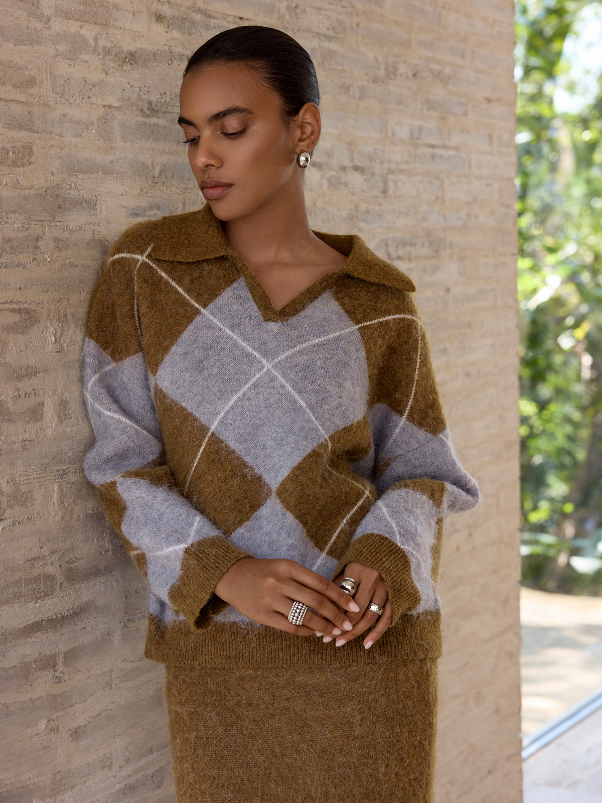 Ensemble pull en maille mélangée à motif argyle et jupe longue
