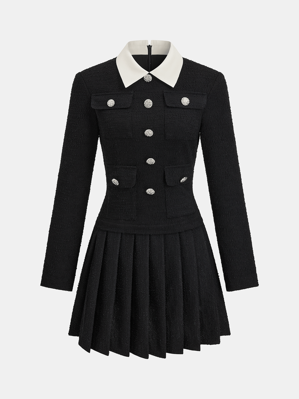 Robe Courte Plissée à Col Contrastant