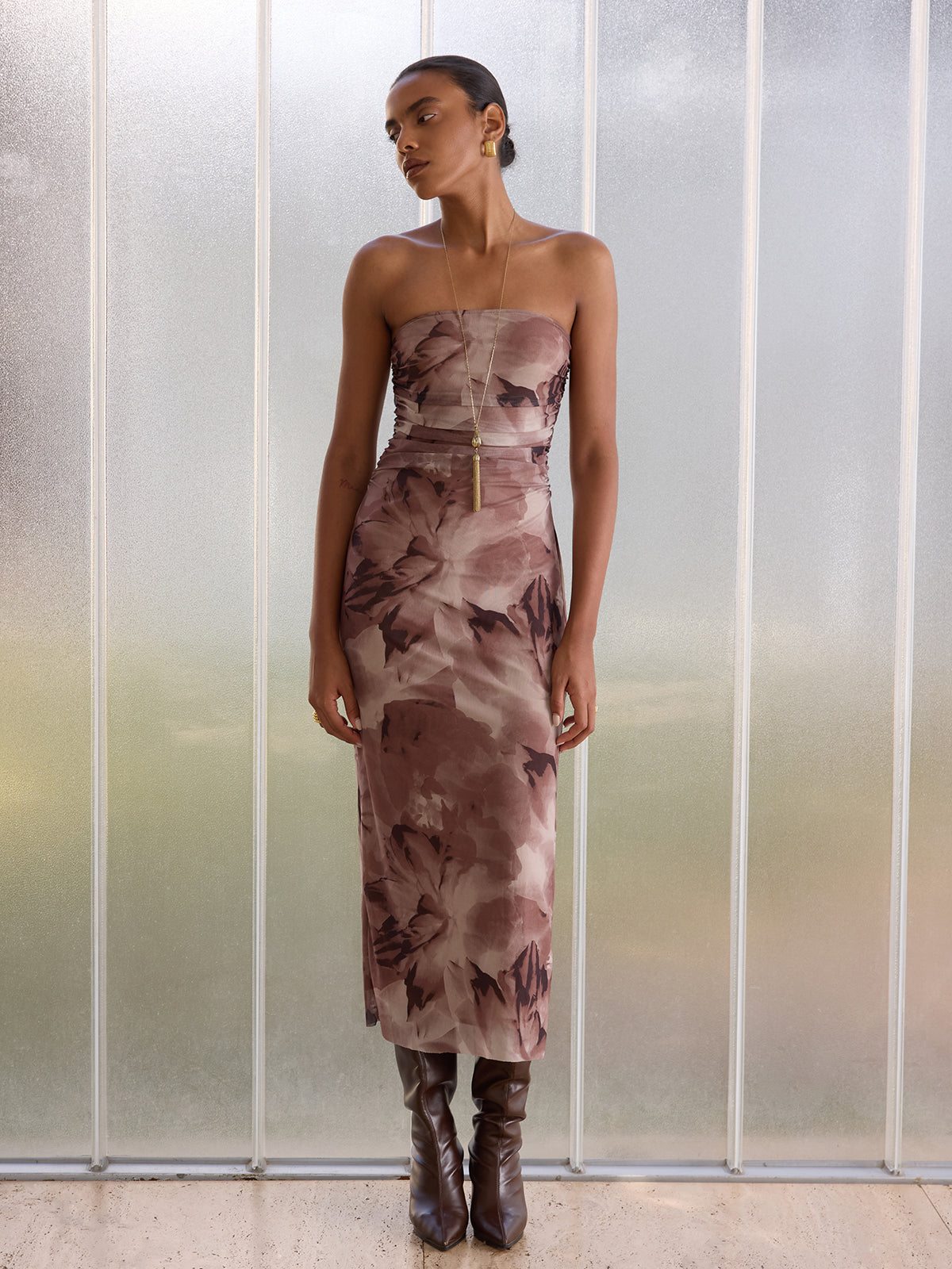 Batik-Midi-Trägerkleid mit Schlitz
