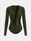 Faux Leather Wrap Waist V-Neck Bodysuit