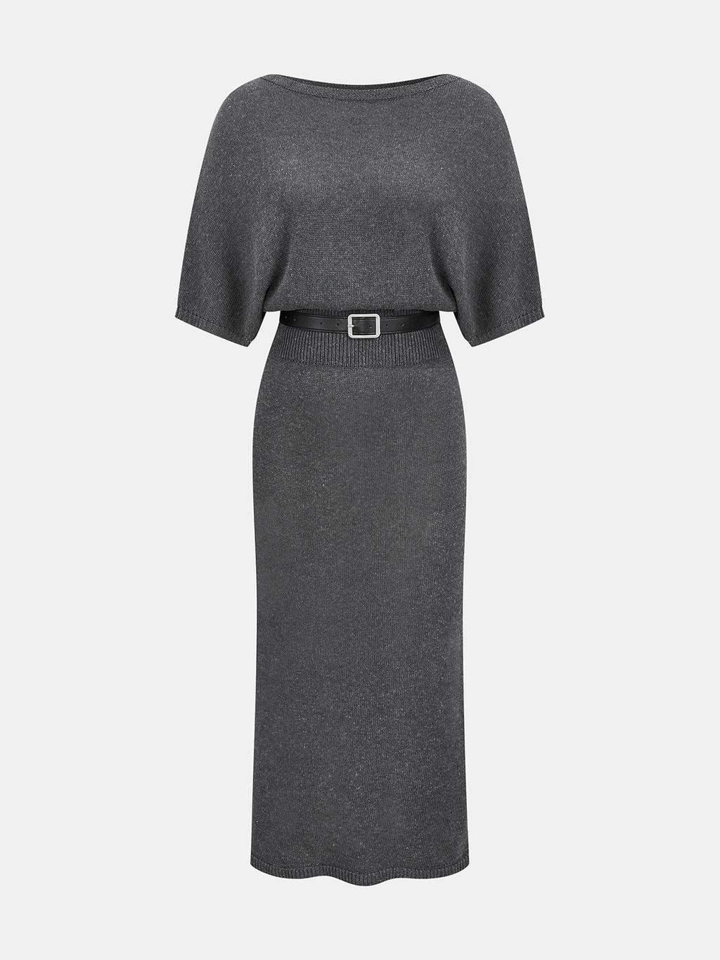 Fledermausärmel Strick-Midikleid mit Bindegürtel