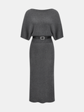 Fledermausärmel Strick-Midikleid mit Bindegürtel