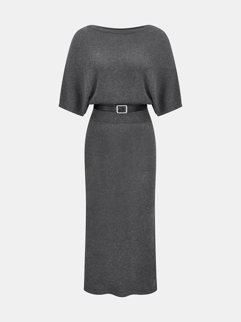 Batwing Sleeve Belted Knit Midi Dress