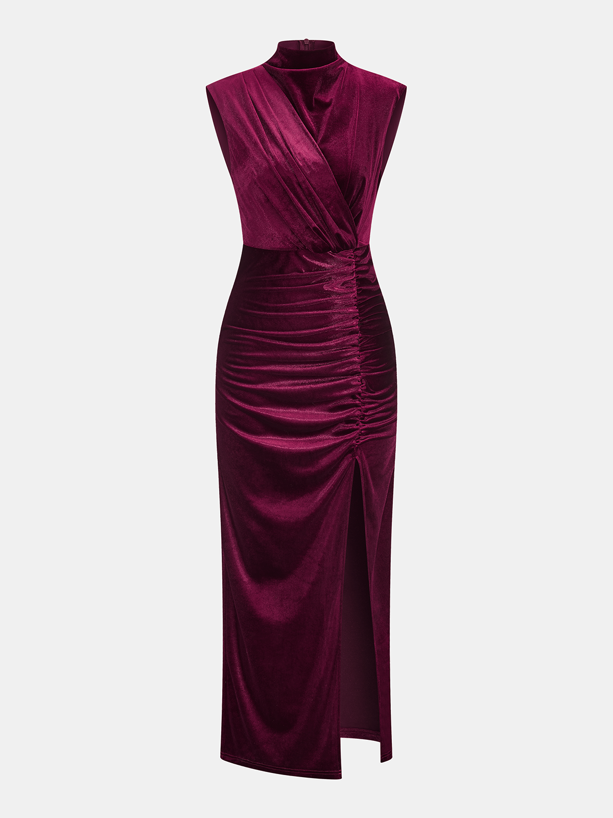 Robe longue en velours sans manches à col montant et fente latérale