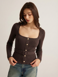 Pull en tricot côtelé en mélange de laine ceinturé à encolure carrée
