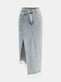 Asymmetrischer Denim-Fransen-Midirock