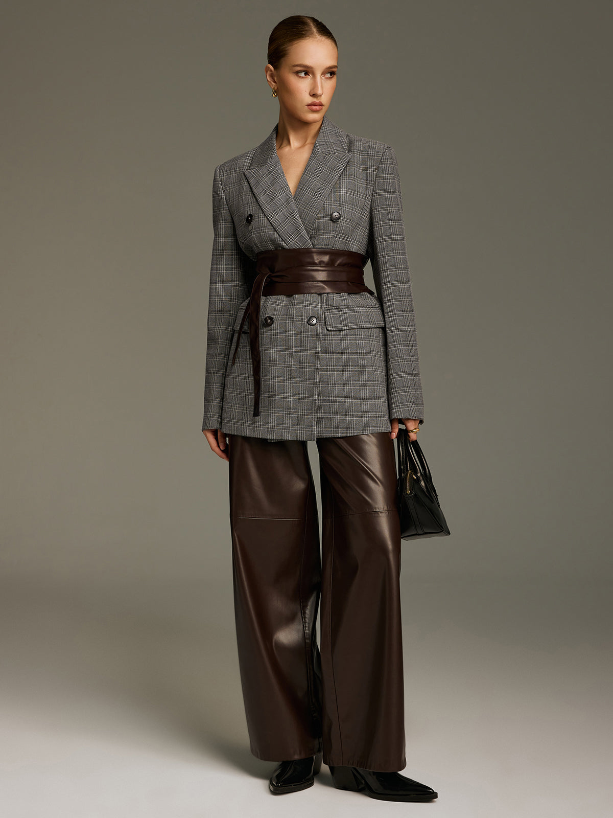 Karierter Zweireiher-Blazer mit Taillengürtel