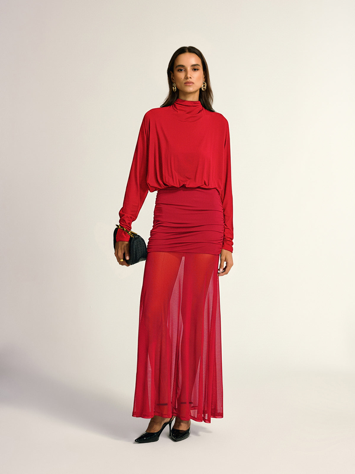 Rollkragen-Langarm-Kleid mit Drapierungen und Raffungen aus Mesh