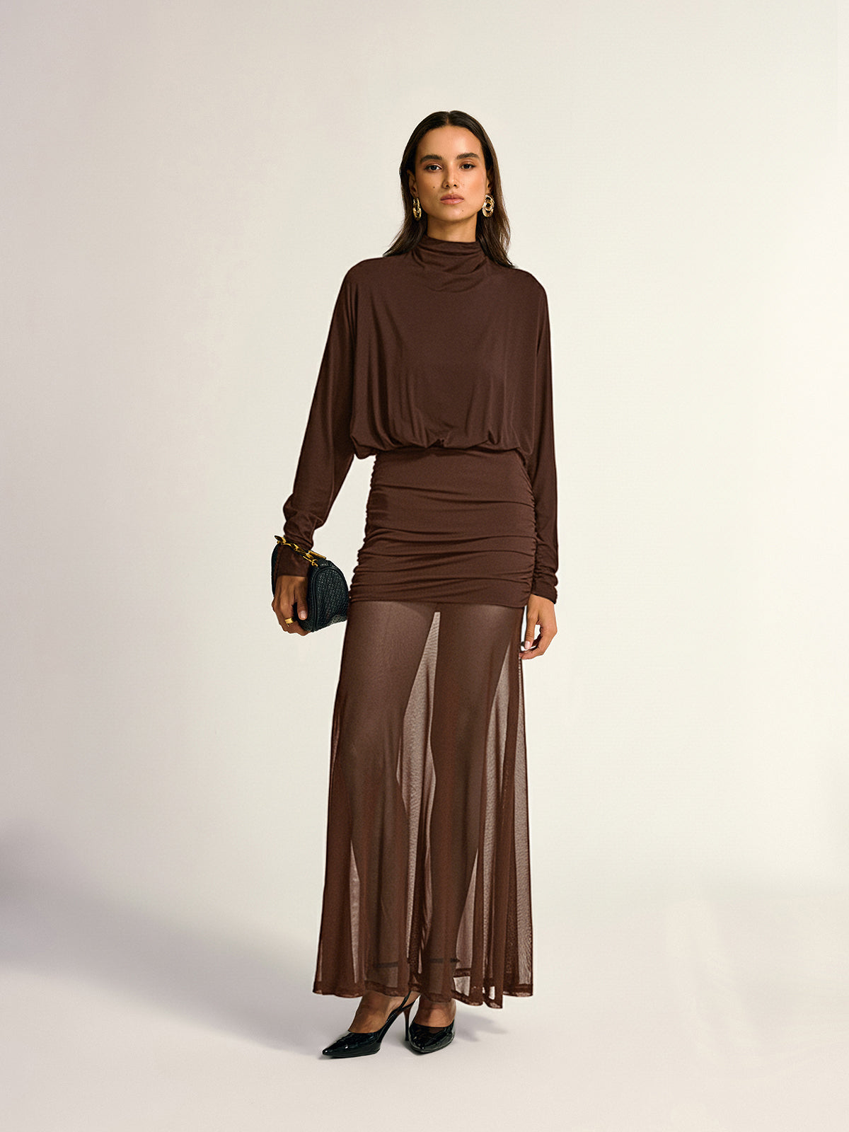 Rollkragen-Langarm-Kleid mit Drapierungen und Raffungen aus Mesh