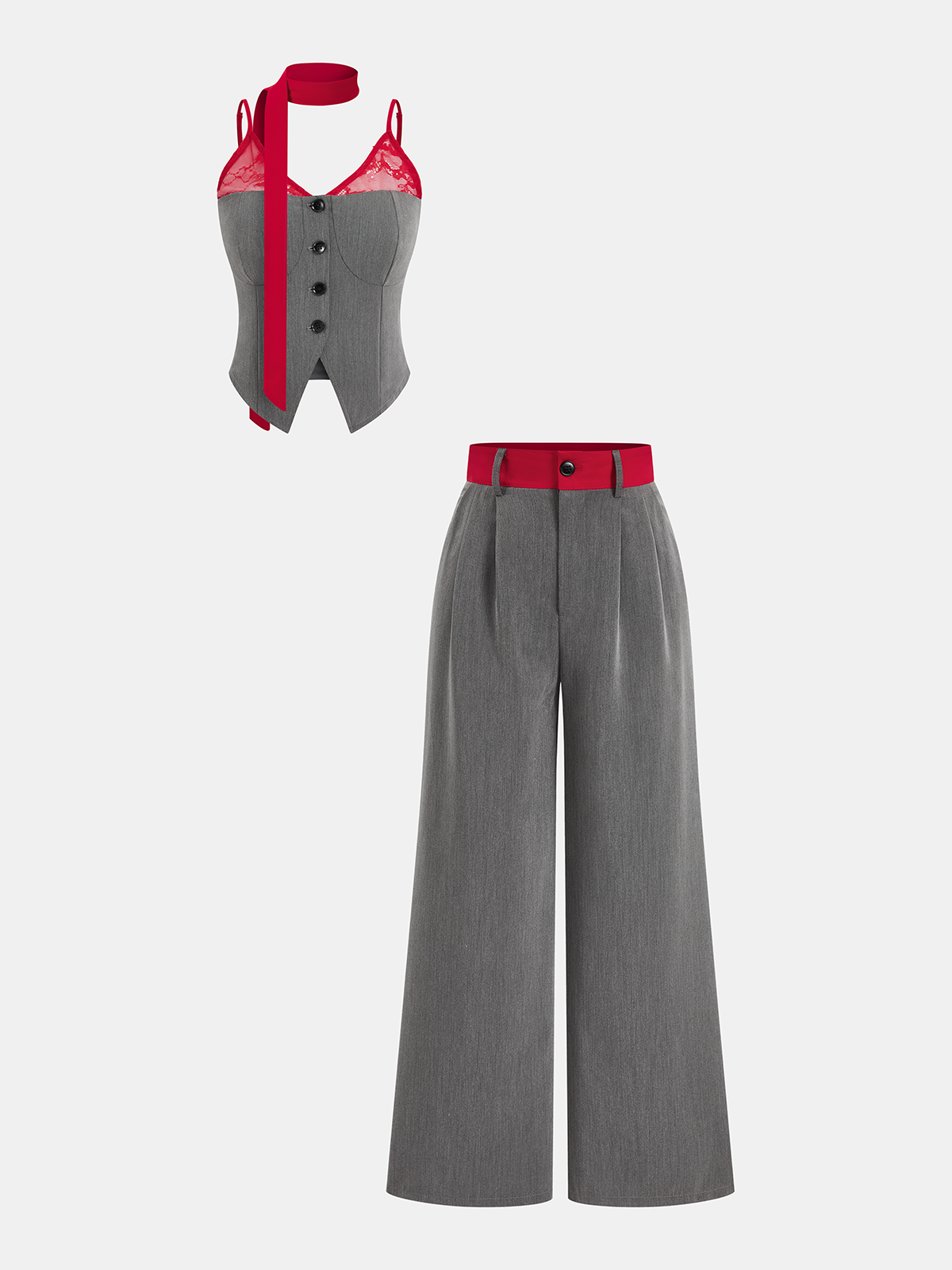 Kontrast-Spitzen-Cami-Weste & Hosen-Set mit Schal