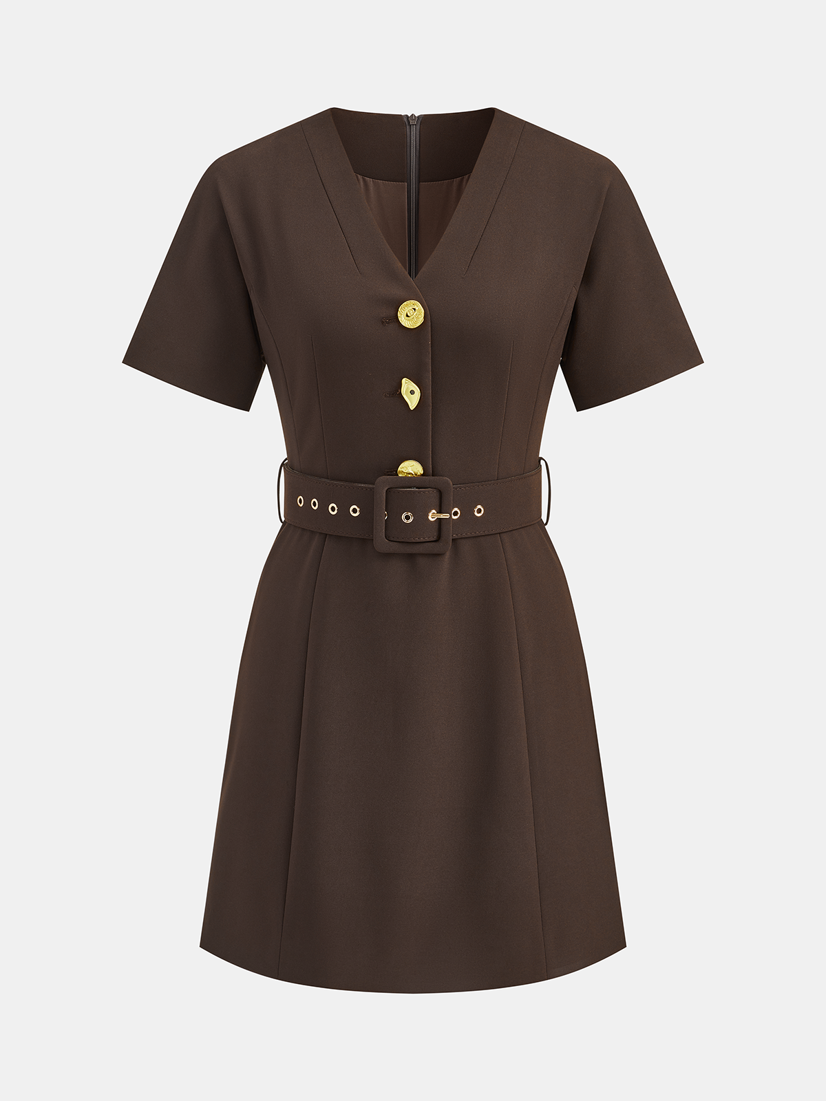 Mini-robe ceinturée col V à boutons métalliques