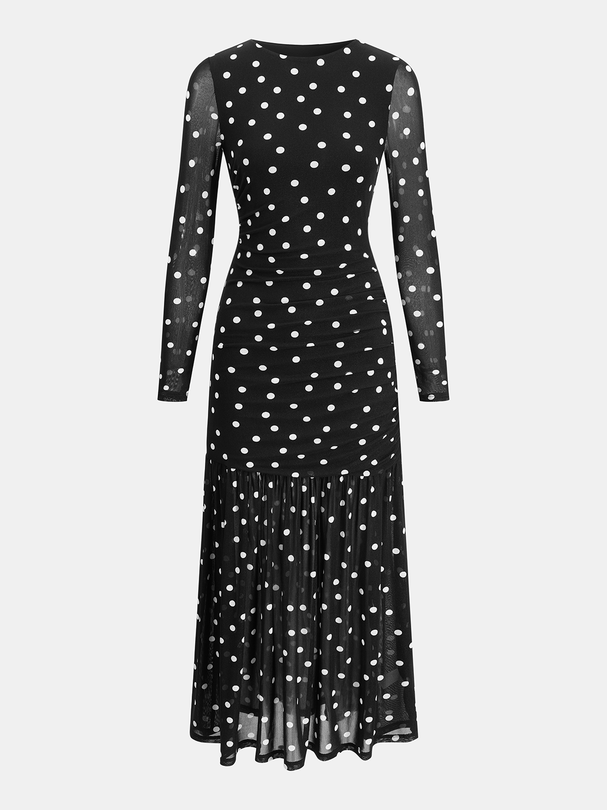 Gepunktetes, gerafftes Maxikleid aus transparentem Mesh
