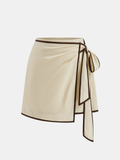 Contrast Piping Linen-Blend Wrap Mini Skirt