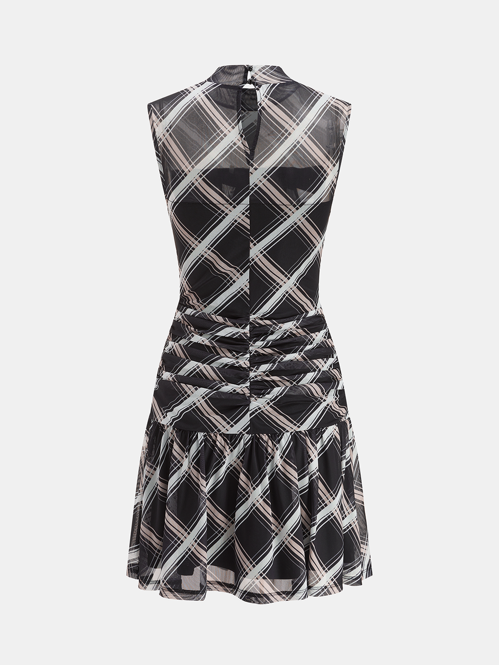 Kurzes, transparentes Mini-Kleid mit Rüschen, Stehkragen und Karomuster