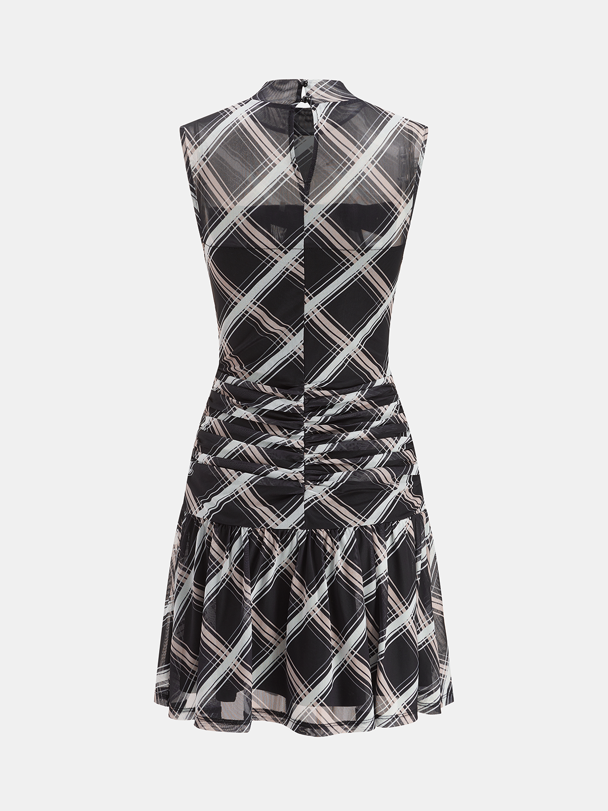Kurzes, transparentes Mini-Kleid mit Rüschen, Stehkragen und Karomuster