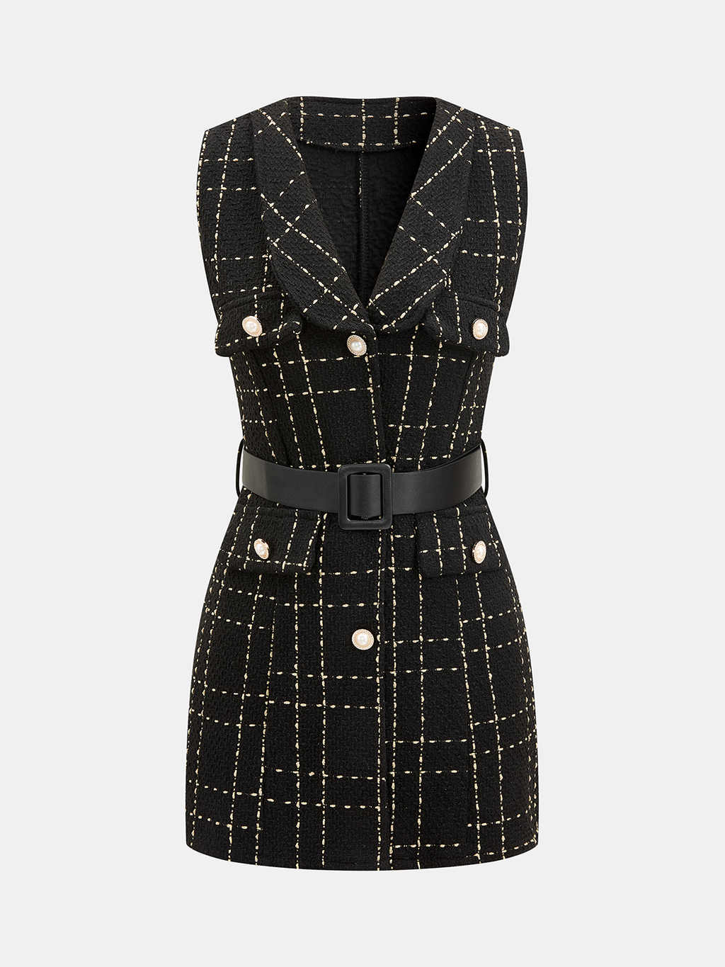 Gürtel Plaid Tweed Ärmelloses Minikleid