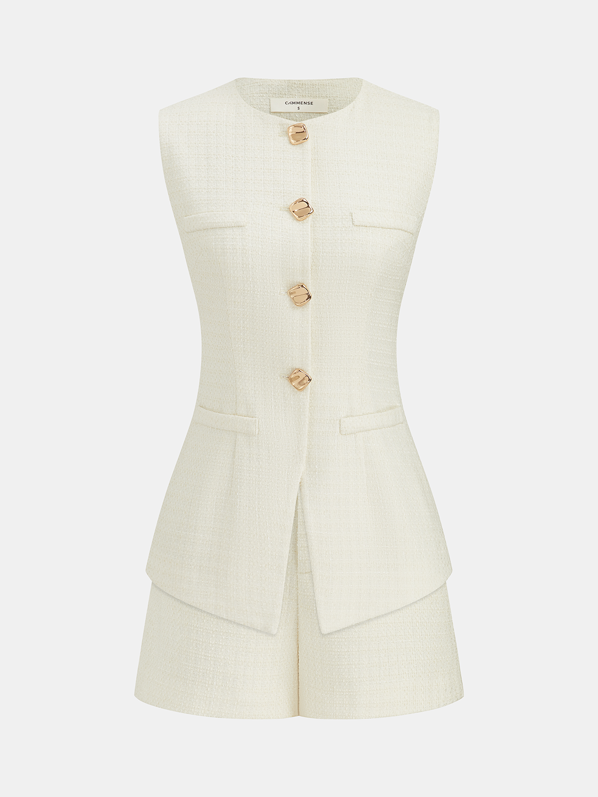 Ensemble gilet en tweed et short à boutons métalliques