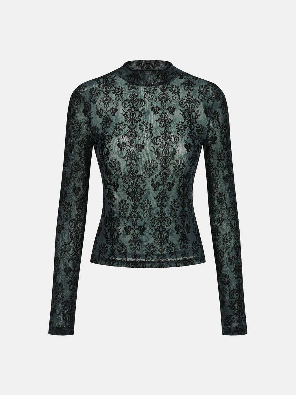 Damask Print Mock Neck T-Shirt